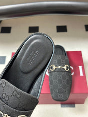GUCCI 26S HORSEBIT LOAFER MULES IN BLACK CANVAS