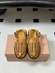 MIUMIU 26S SLINGBACK FISHERMAN SANDALS IN GOLD BROWN CALFSKIN