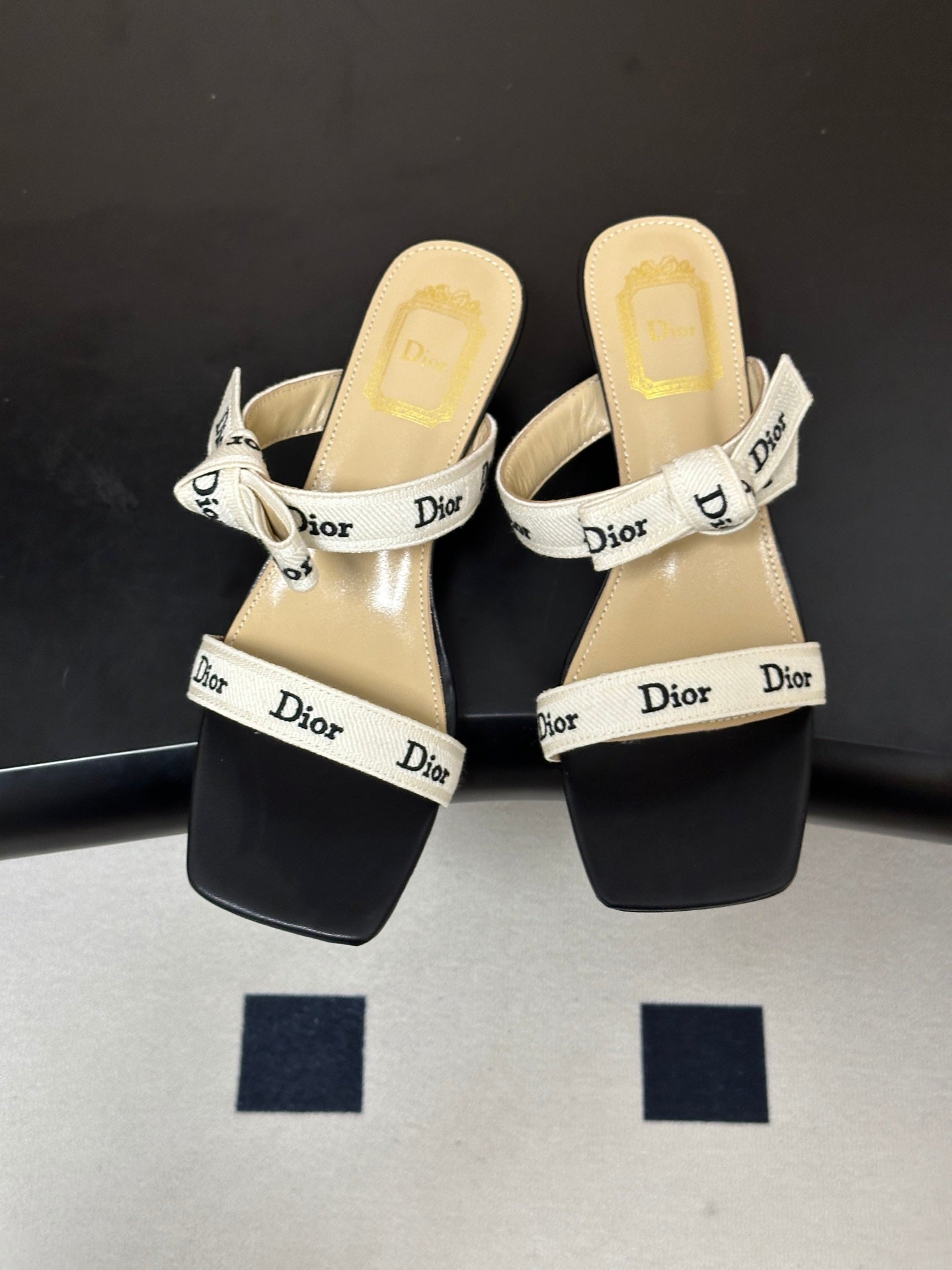 DIOR 26S J'ADIOR MULE SANDALS 35MM IN BLACK CALFSKIN WITH WHITE LOGO RIBBON