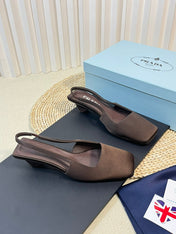 PRA SQUARE TOE SLINGBACK PUMPS CHOCOLATE SATIN
