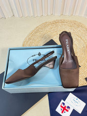 PRA SQUARE TOE SLINGBACK PUMPS CHOCOLATE SATIN