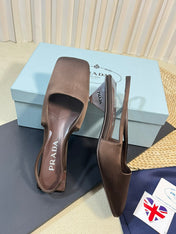 PRA SQUARE TOE SLINGBACK PUMPS CHOCOLATE SATIN