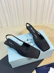 PRA SQUARE TOE SLINGBACK PUMPS BLACK SATIN