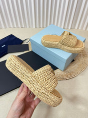 PRA CROCHET FLATFORM SLIDES BEIGE RAFFIA