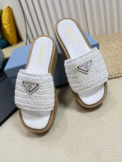 PRA WEDGE FLATFORM SLIDES WHITE RAFFIA