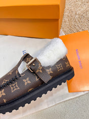 COLORADO COMFORT MARY JANE IN CHOCOLATE BROWN MONOGRAM CALFSKIN AND SHEARLING LINING