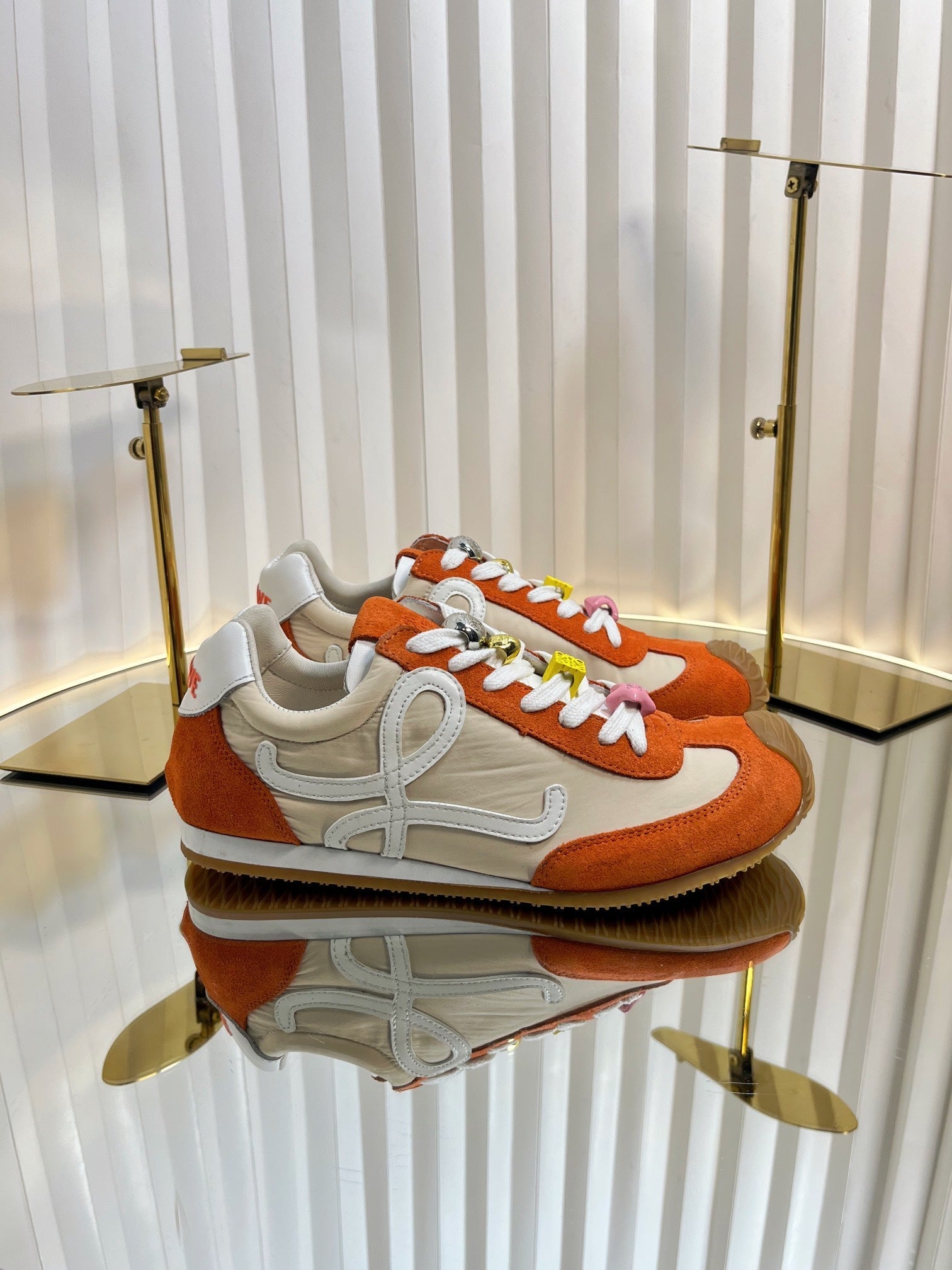 LOEWE 26S RUNNER 2.0 SNEAKERS IN ORANGE SUEDE AND BEIGE FABRIC
