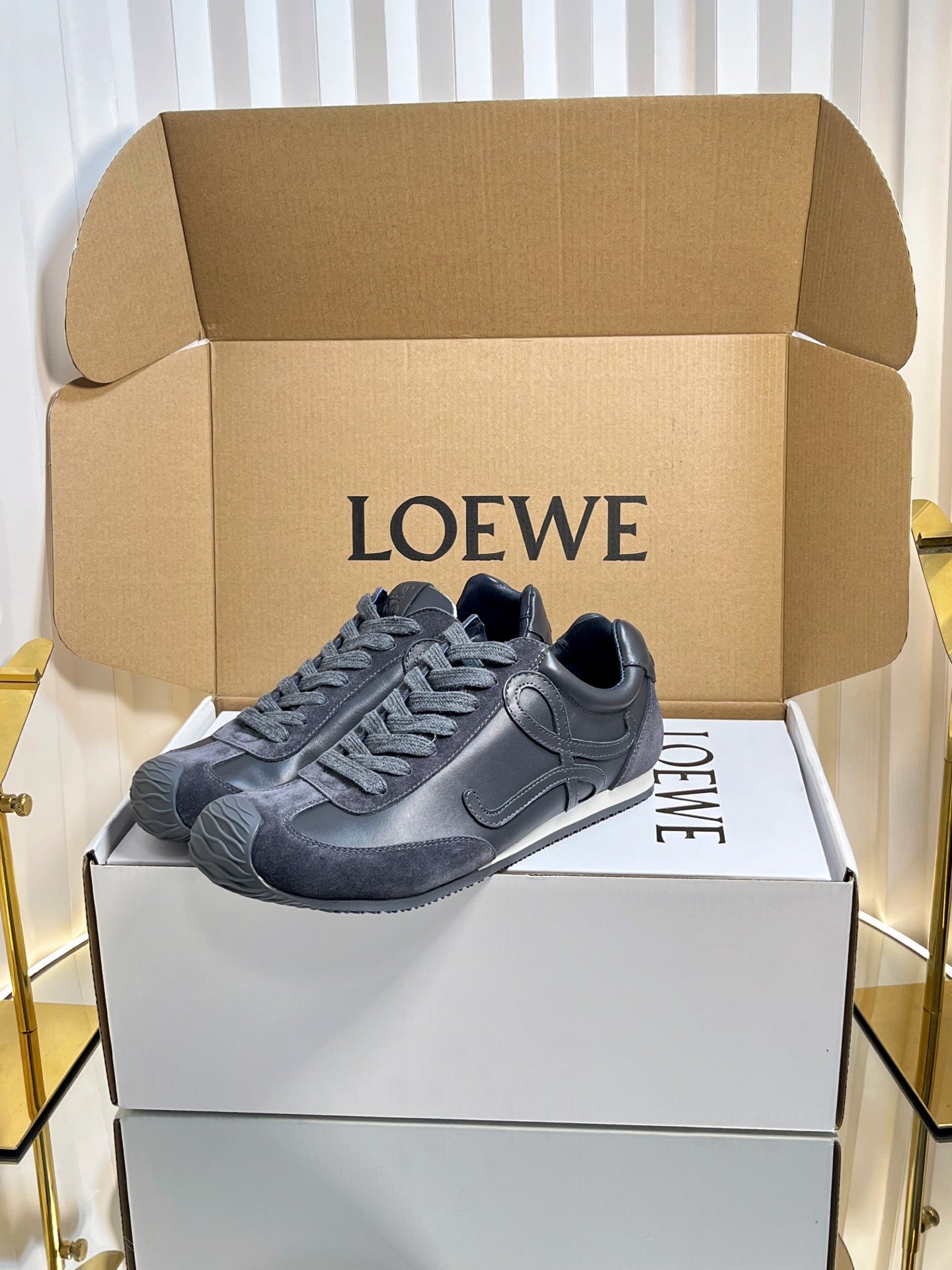 LOEWE 26S RUNNER 2.0 SNEAKERS IN DARK GREY CALFSKIN AND SUEDE