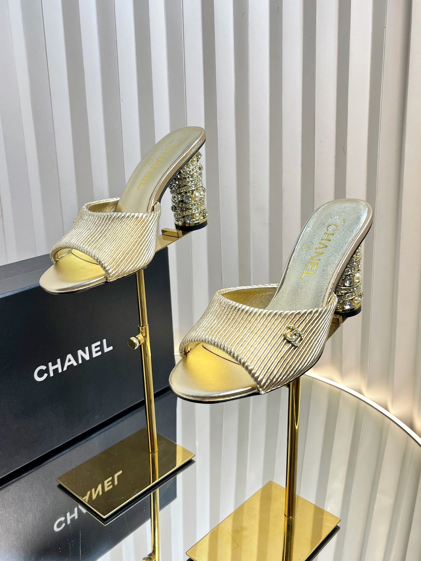 CHANEL 26S EMBELLISHED HEELED SANDALS 80 MM IN GOLD LAMBSKIN