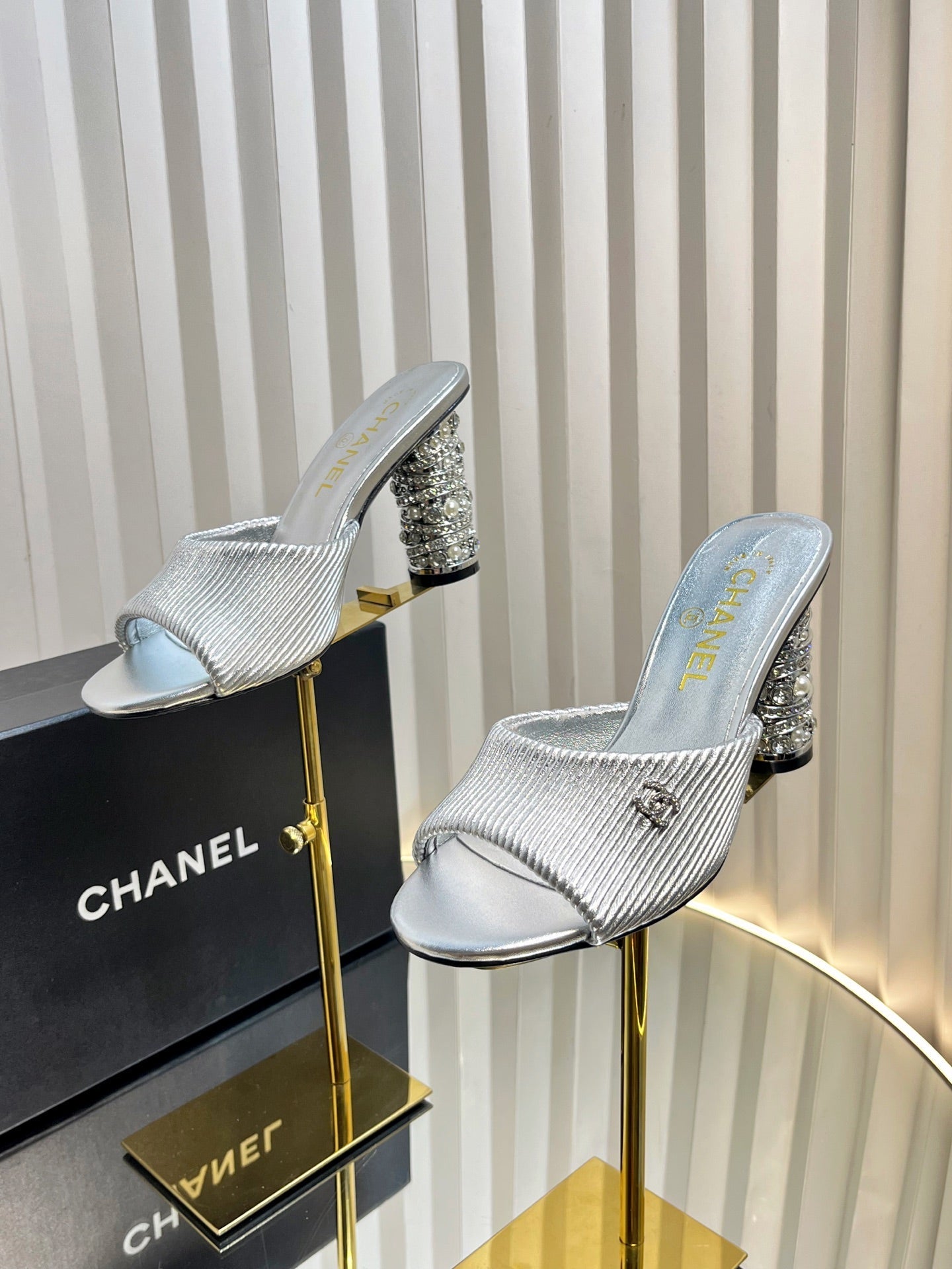 CHANEL 26S EMBELLISHED HEELED SANDALS 80 MM IN SILVER LAMBSKIN