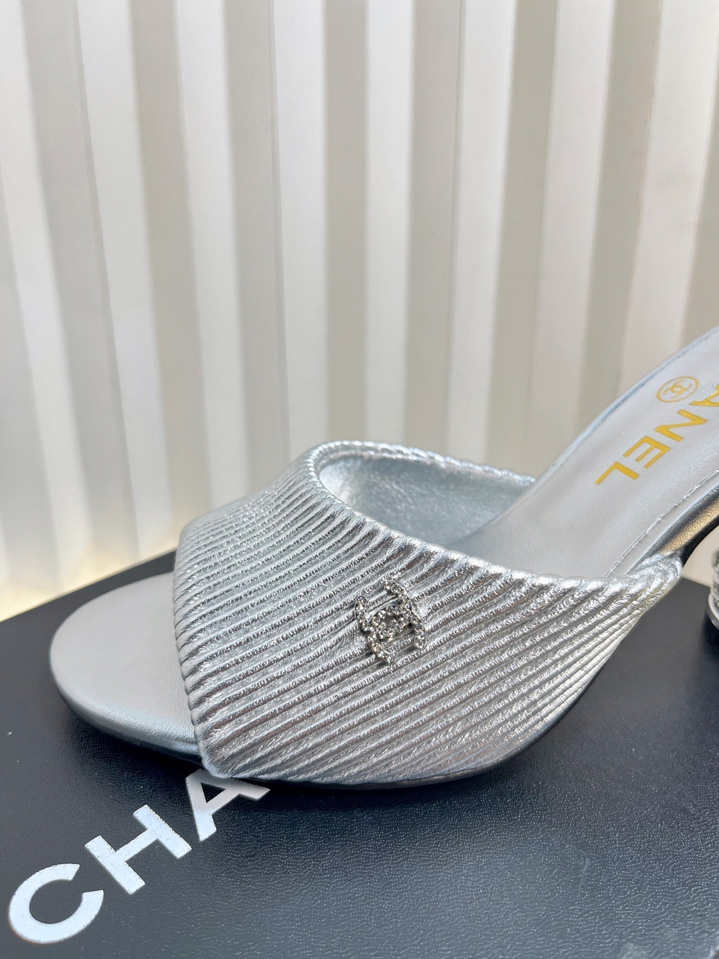CHANEL 26S EMBELLISHED HEELED SANDALS 80 MM IN SILVER LAMBSKIN