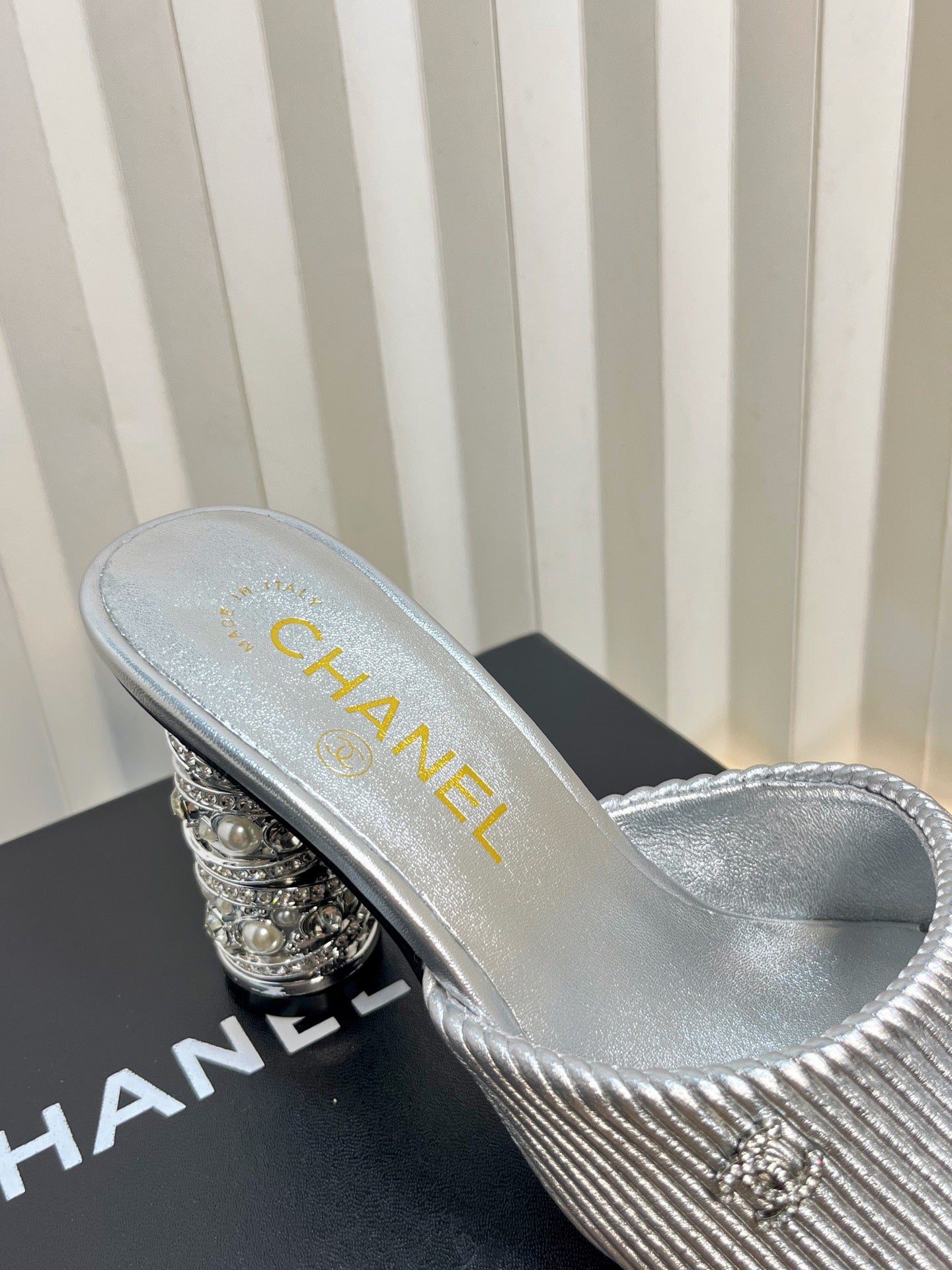 CHANEL 26S EMBELLISHED HEELED SANDALS 80 MM IN SILVER LAMBSKIN