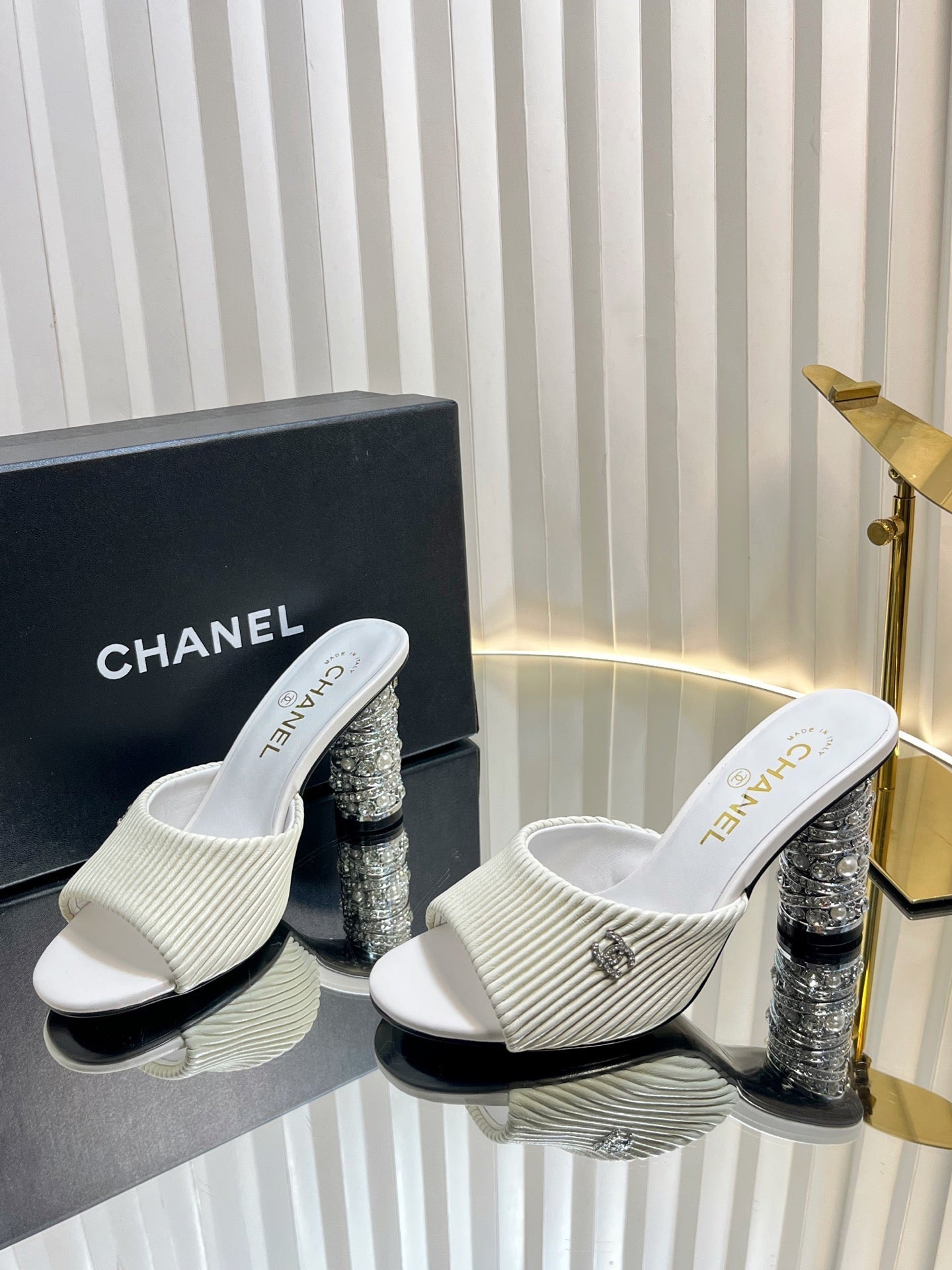 CHANEL 26S EMBELLISHED HEELED SANDALS 80 MM IN WHITE LAMBSKIN