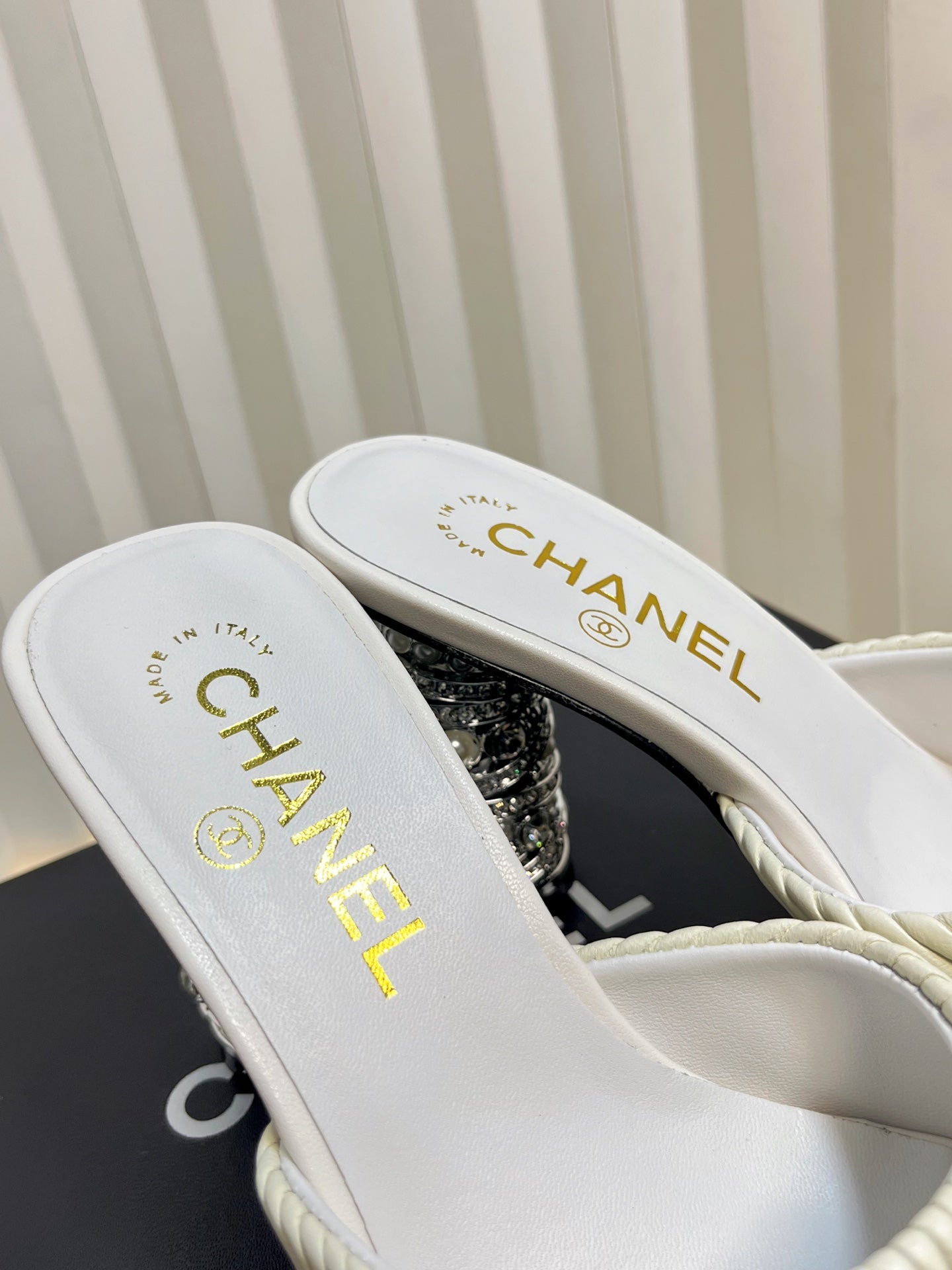CHANEL 26S EMBELLISHED HEELED SANDALS 80 MM IN WHITE LAMBSKIN