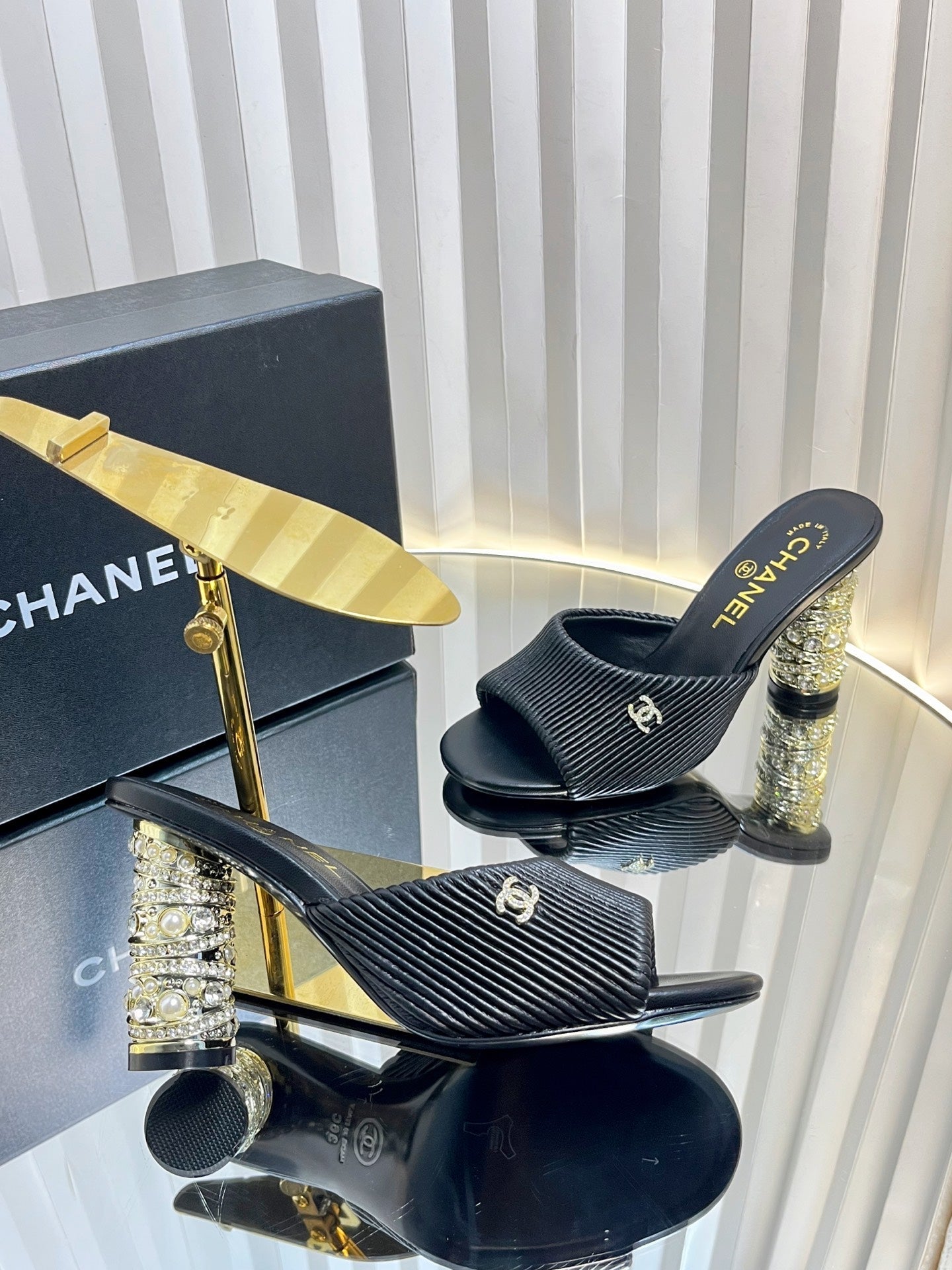 CHANEL 26S EMBELLISHED HEELED SANDALS 80 MM IN BLACK LAMBSKIN
