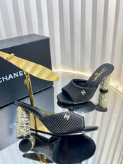 CHANEL 26S EMBELLISHED HEELED SANDALS 80 MM IN BLACK LAMBSKIN