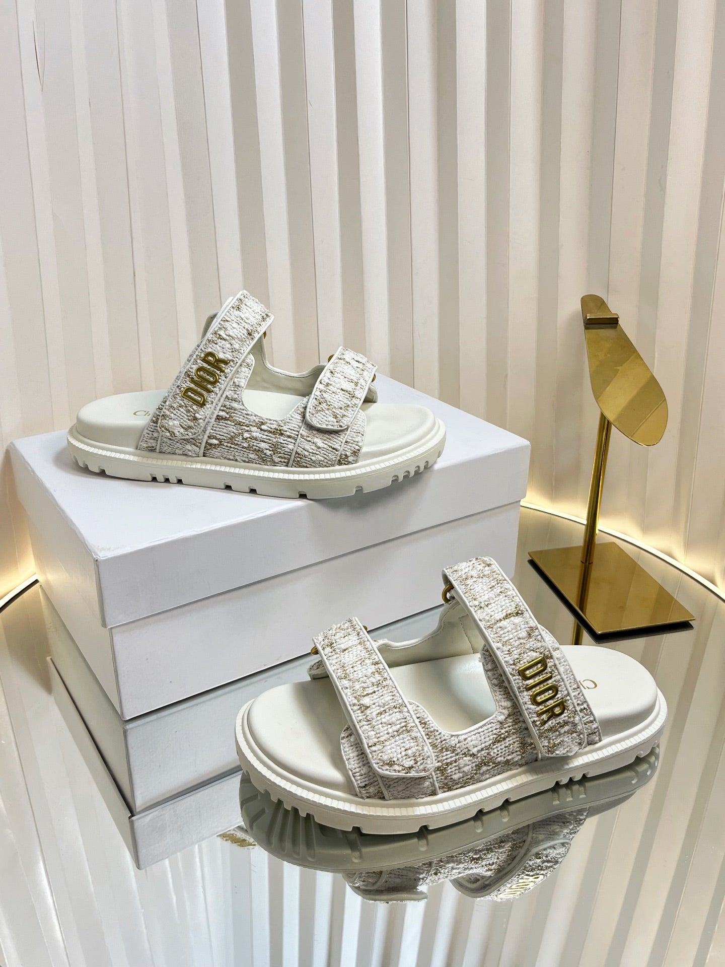 DIORACT SLIDES 25MM IN WHITE AND GOLD TWEED