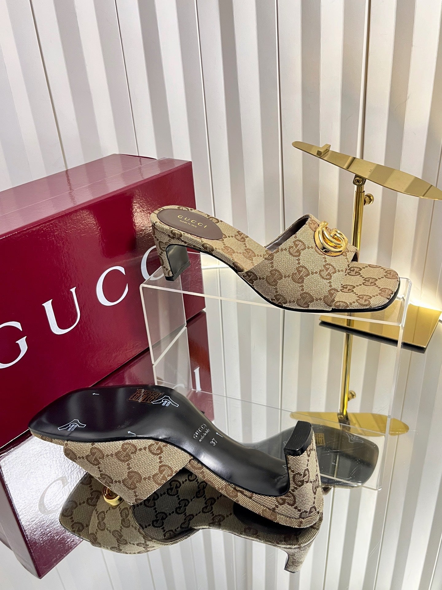 GUCCI 26S HIGH-HEELED SANDALS 45 MM IN WARM BEIGE CANVAS