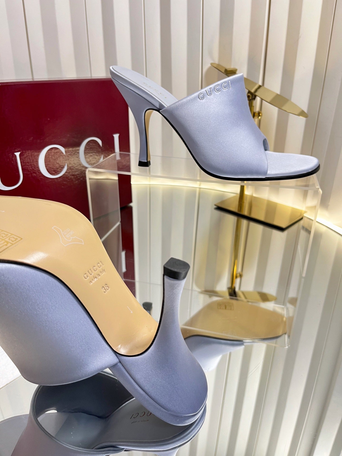 GUCCI 26S HIGH-HEELED SANDALS 100 MM IN GRAYISH BLUE SATIN