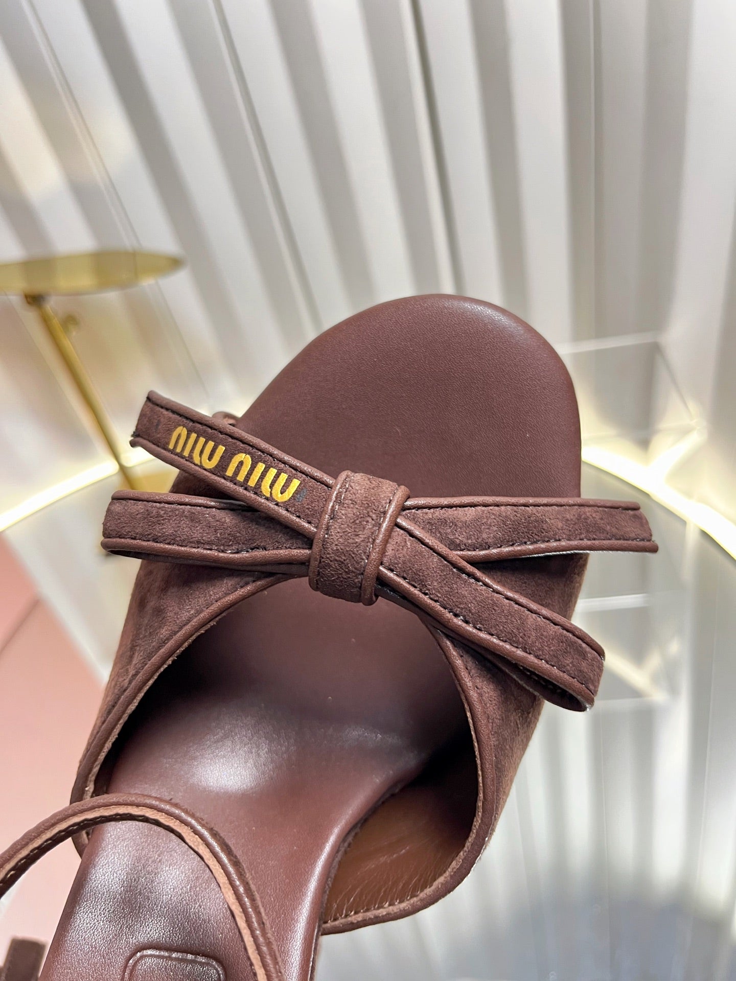 MIUMIU 26S PLATFORM ANKLE STRAP SANDALS 120MM IN DARK BROWN SUEDE WITH BOW
