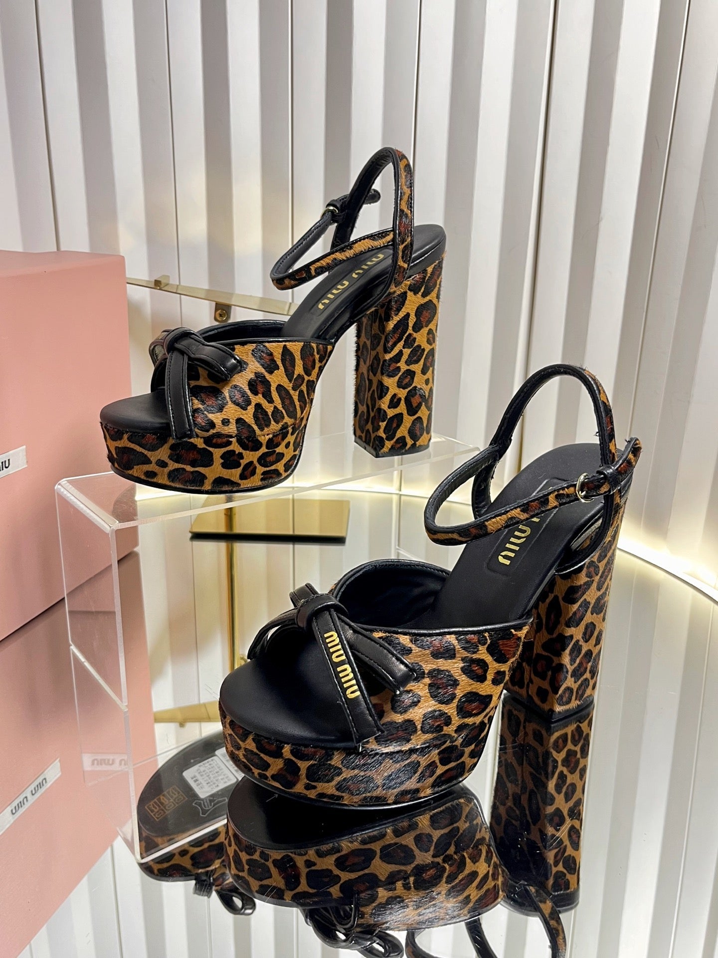 MIUMIU 26S PLATFORM ANKLE STRAP SANDALS 120MM IN LEOPARD PRINT CALF HAIR WITH BOW