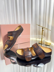 MIUMIU 26S DOUBLE-STRAP SLIDES IN CARAMEL BROWN CALFSKIN