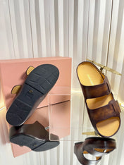 MIUMIU 26S DOUBLE-STRAP SLIDES IN CARAMEL BROWN CALFSKIN