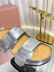 MIUMIU 26S DOUBLE-STRAP SLIDES IN SILVER CALFSKIN