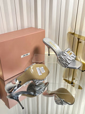 MIUMIU 26S HIGH-HEEL MULE SANDALS 85MM IN SILVER CALFSKIN GOLD HARDWARE