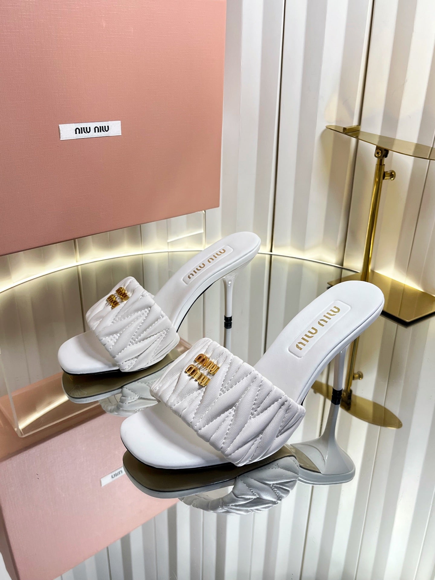MIUMIU 26S HIGH-HEEL MULE SANDALS 85MM IN WHITE CALFSKIN GOLD HARDWARE