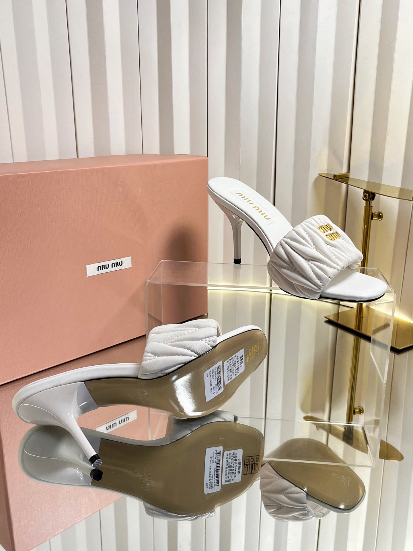 MIUMIU 26S HIGH-HEEL MULE SANDALS 85MM IN WHITE CALFSKIN GOLD HARDWARE
