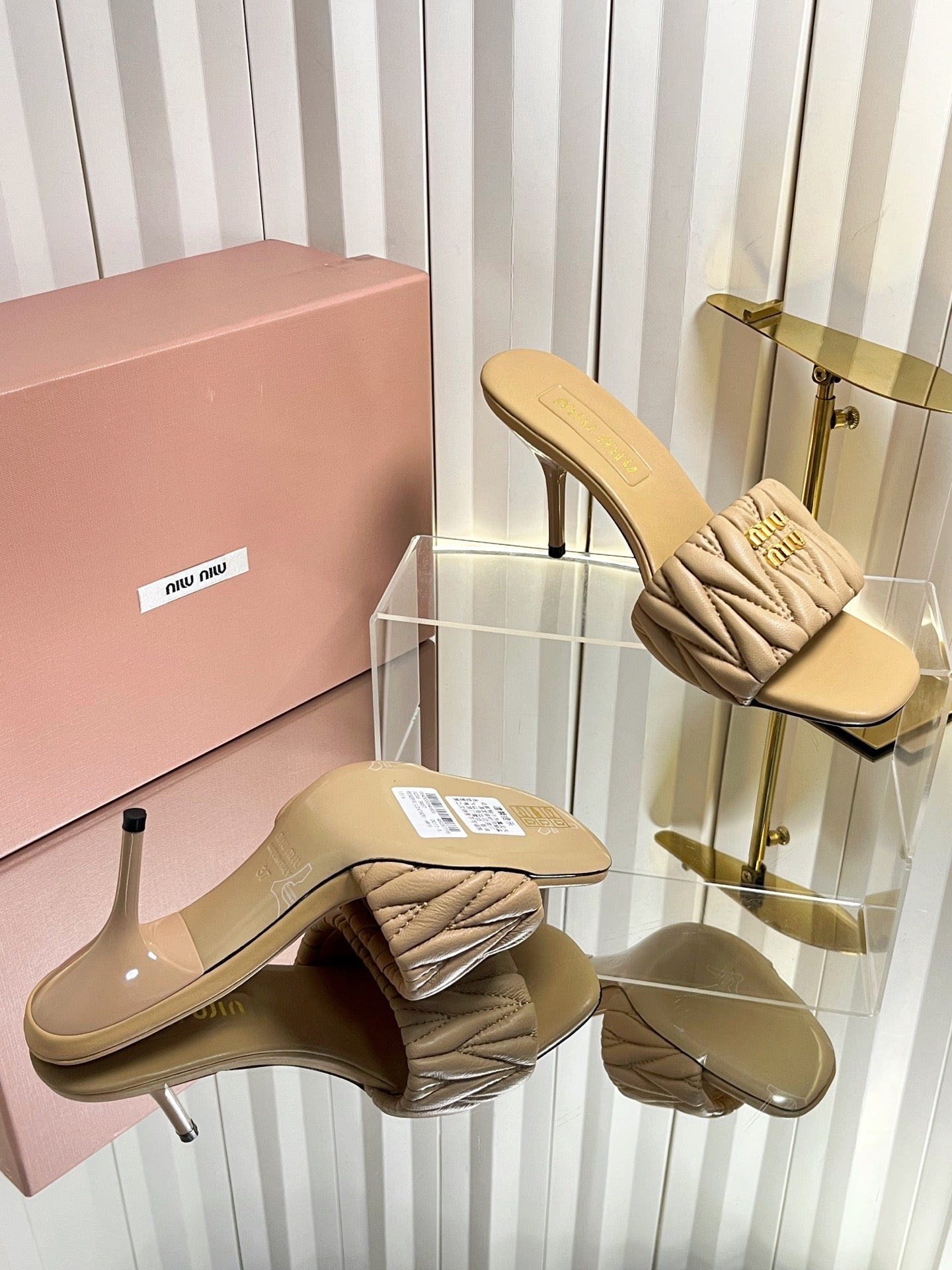 MIUMIU 26S HIGH-HEEL MULE SANDALS 85MM IN BEIGE CALFSKIN GOLD HARDWARE