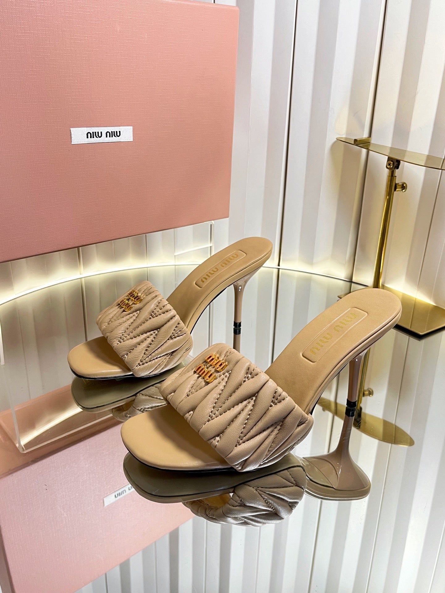 MIUMIU 26S HIGH-HEEL MULE SANDALS 85MM IN BEIGE CALFSKIN GOLD HARDWARE