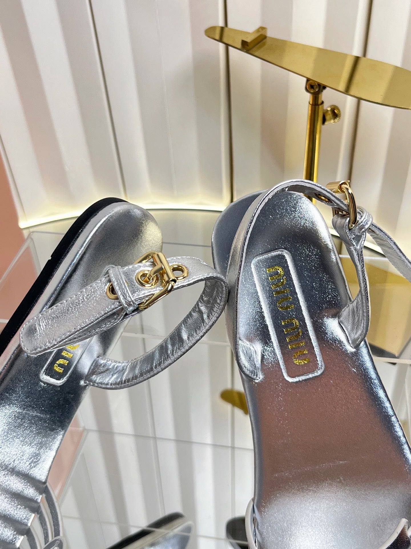 MIUMIU 26S SLINGBACK SANDALS IN SILVER CALFSKIN