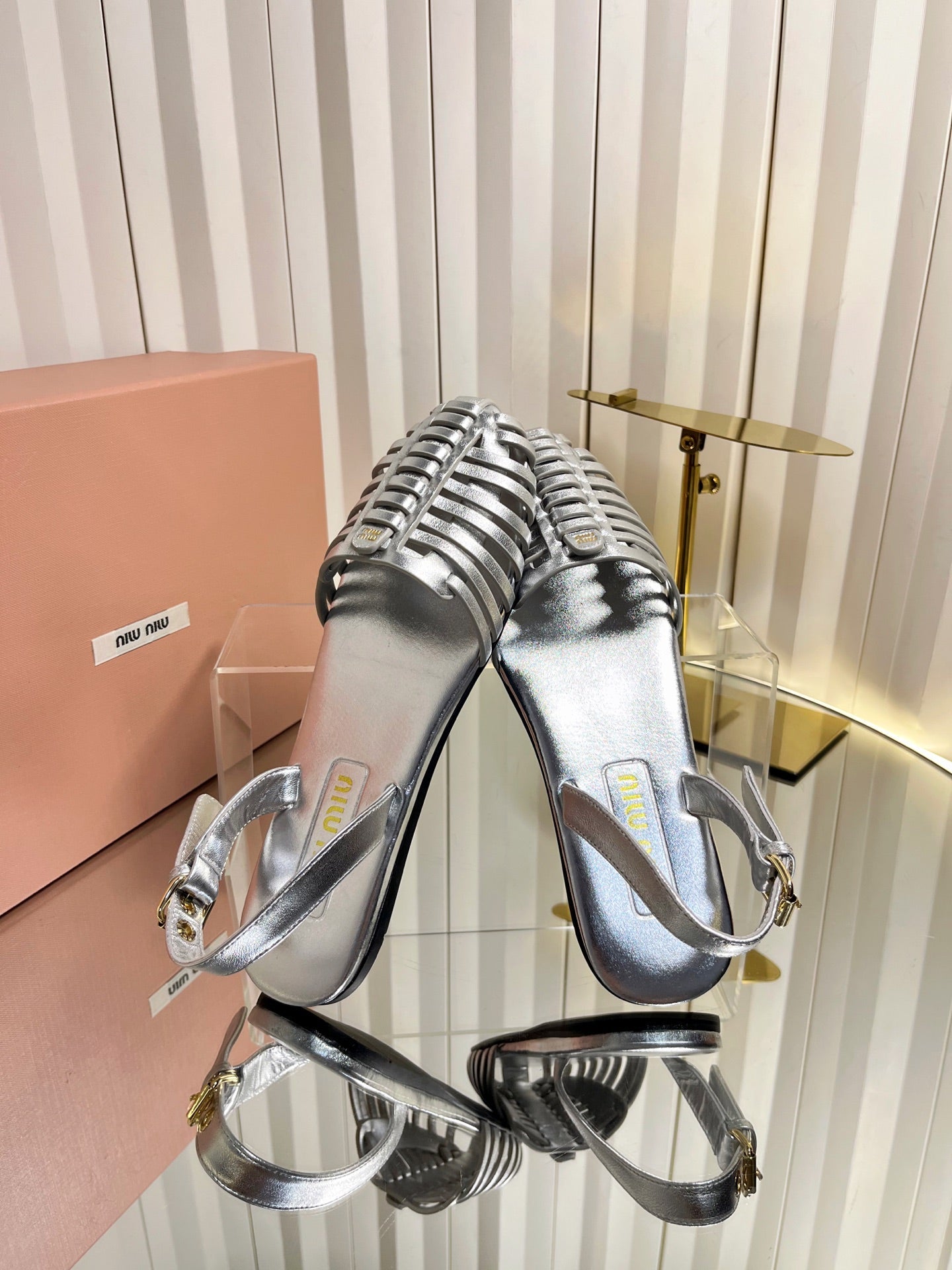 MIUMIU 26S SLINGBACK SANDALS IN SILVER CALFSKIN