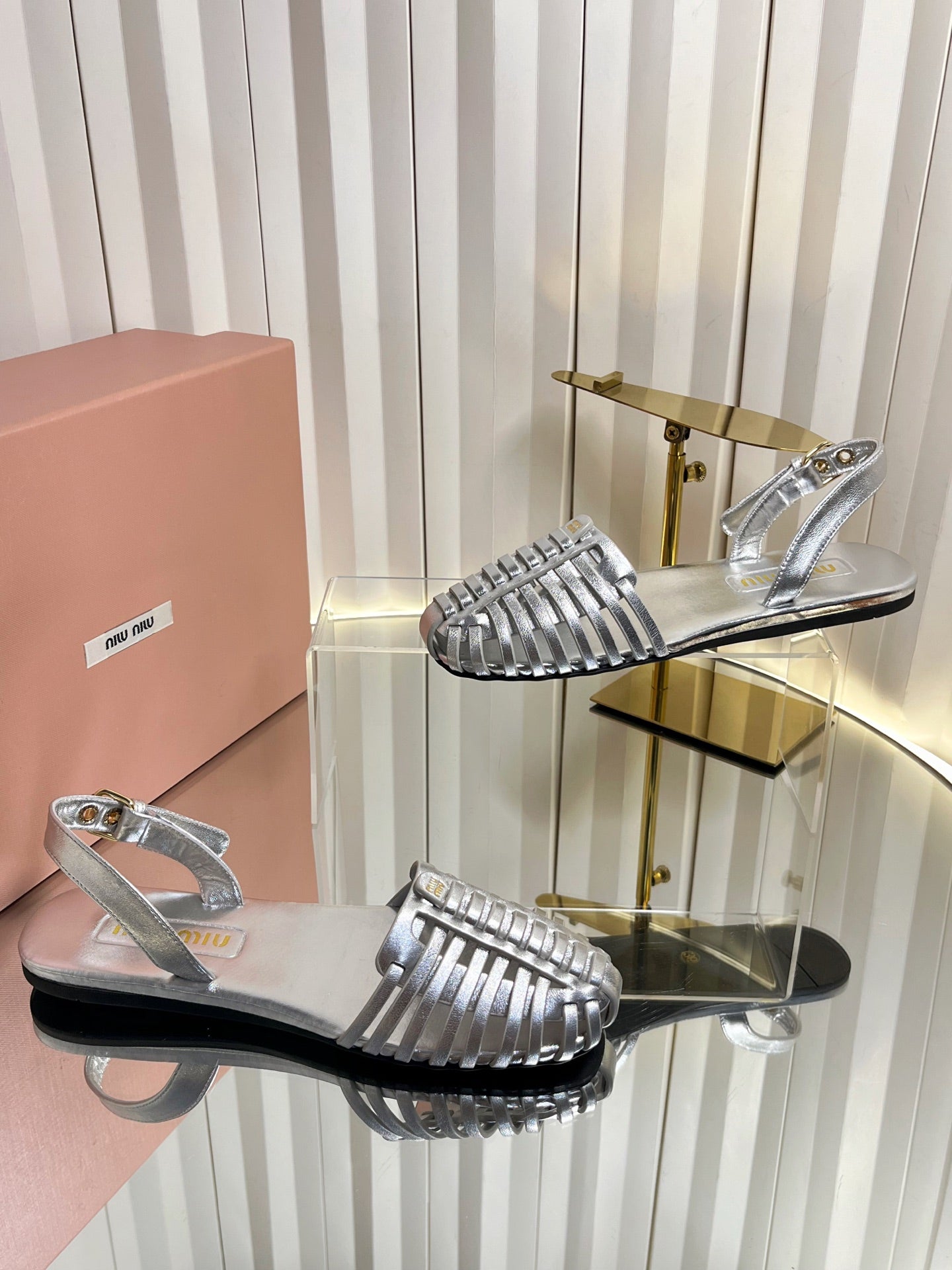 MIUMIU 26S SLINGBACK SANDALS IN SILVER CALFSKIN