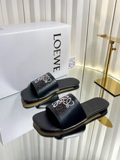 LOEWE 26S LOGO-EMBROIDERED SANDALS IN BLACK CALFSKIN