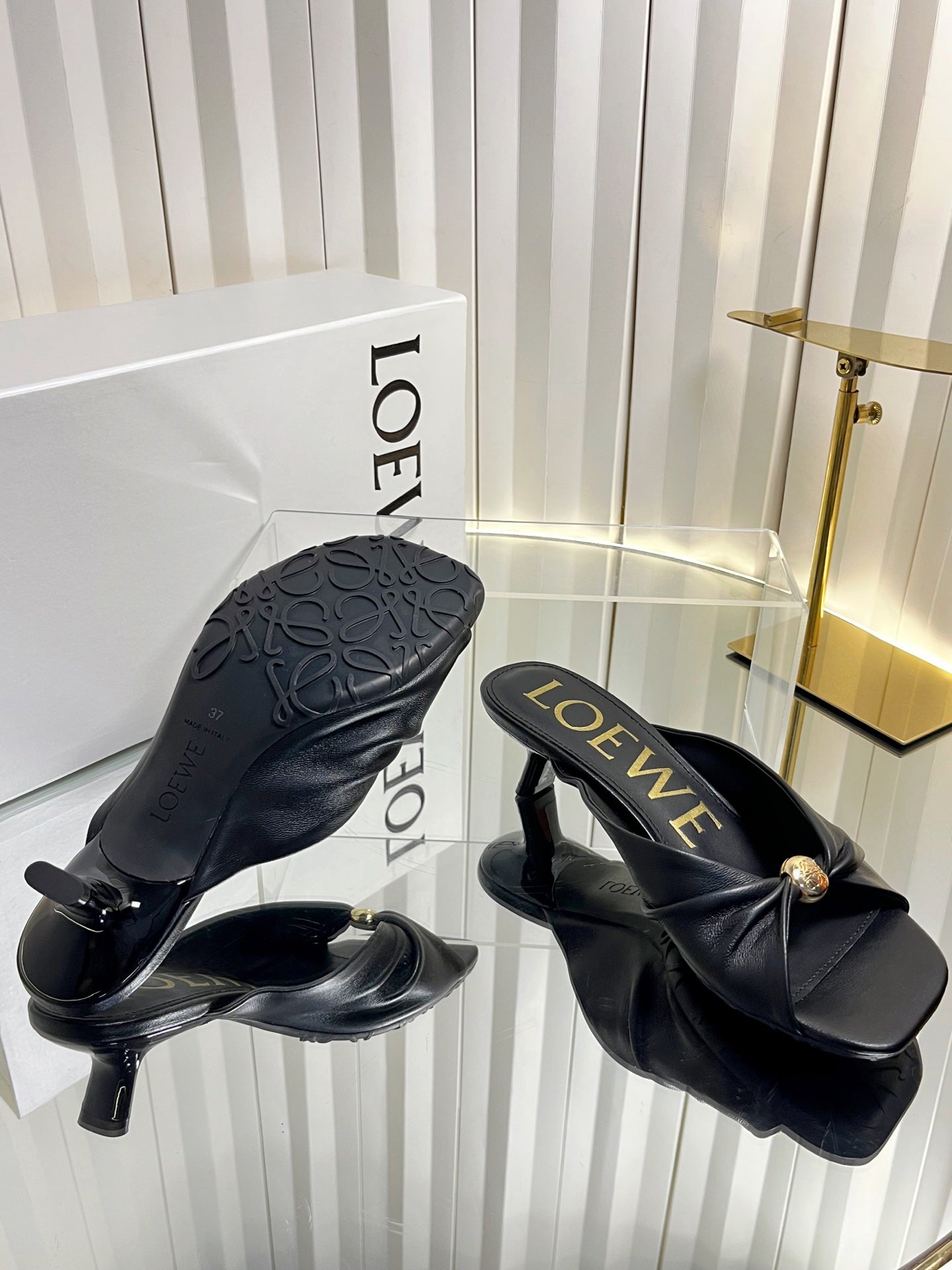 LOEWE 26S HEELED SANDALS 45 MM IN BLACK CALFSKIN
