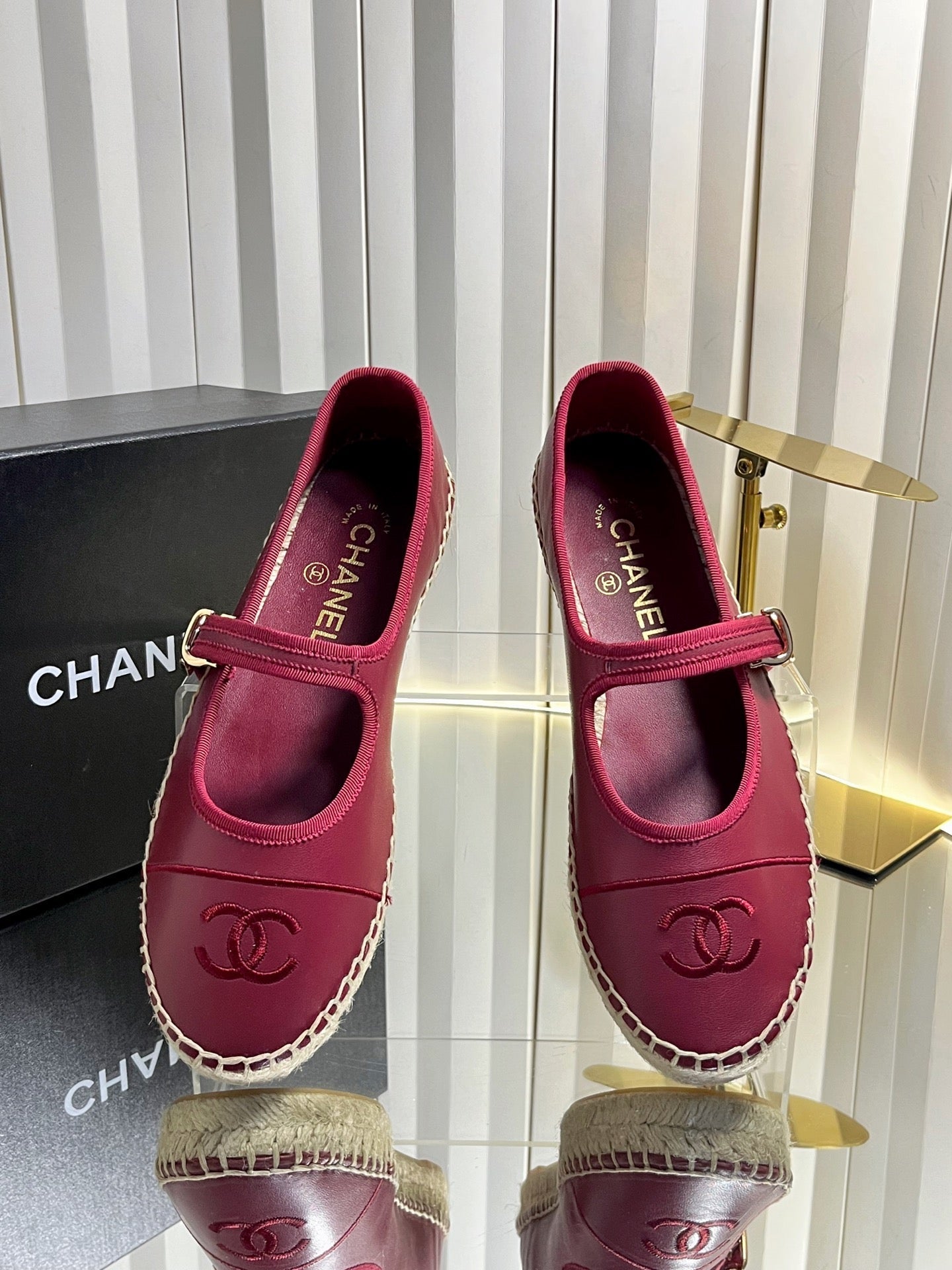 CHANEL 26S ESPADRILLE MARY JANE SHOES IN DARK RED LAMBSKIN