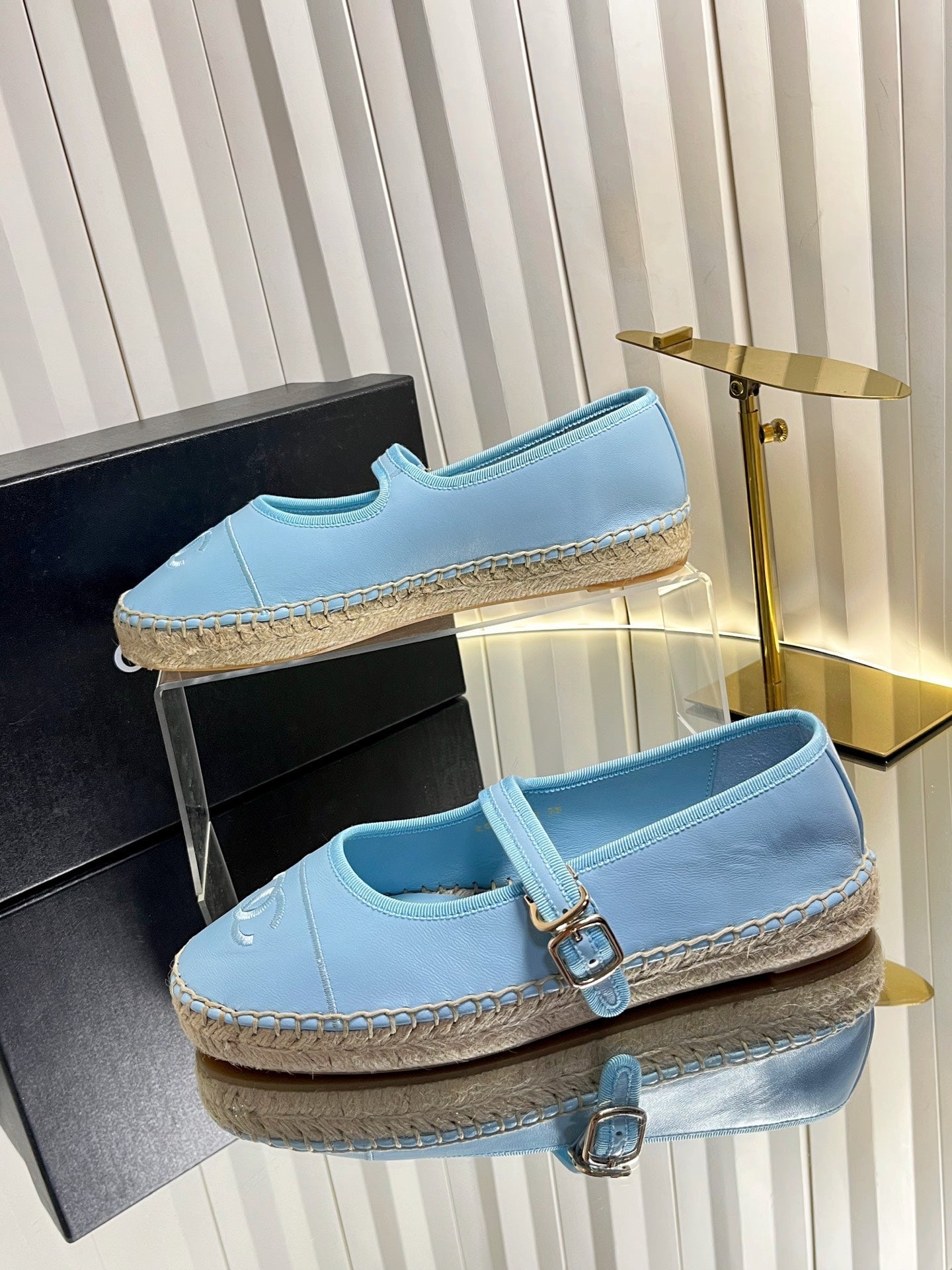 CHANEL 26S ESPADRILLE MARY JANE SHOES IN BLUE LAMBSKIN