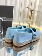 CHANEL 26S ESPADRILLE MARY JANE SHOES IN BLUE LAMBSKIN