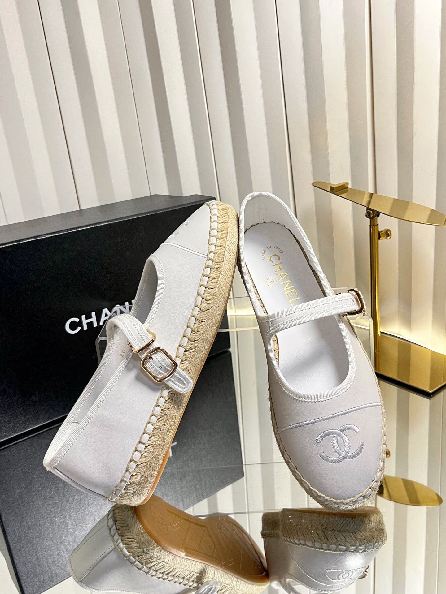 CHANEL 26S ESPADRILLE MARY JANE SHOES IN WHITE LAMBSKIN