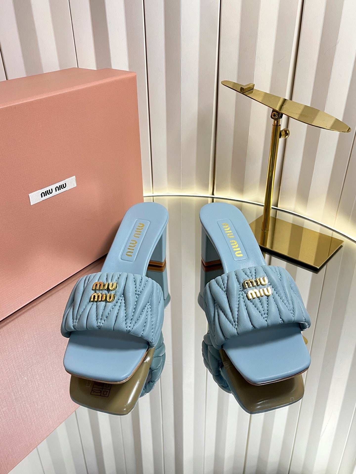 MIUMIU 26S PADDED MATELASSE MULE HEELS 65MM IN LIGHT BLUE CALFSKIN GOLD HARDWARE