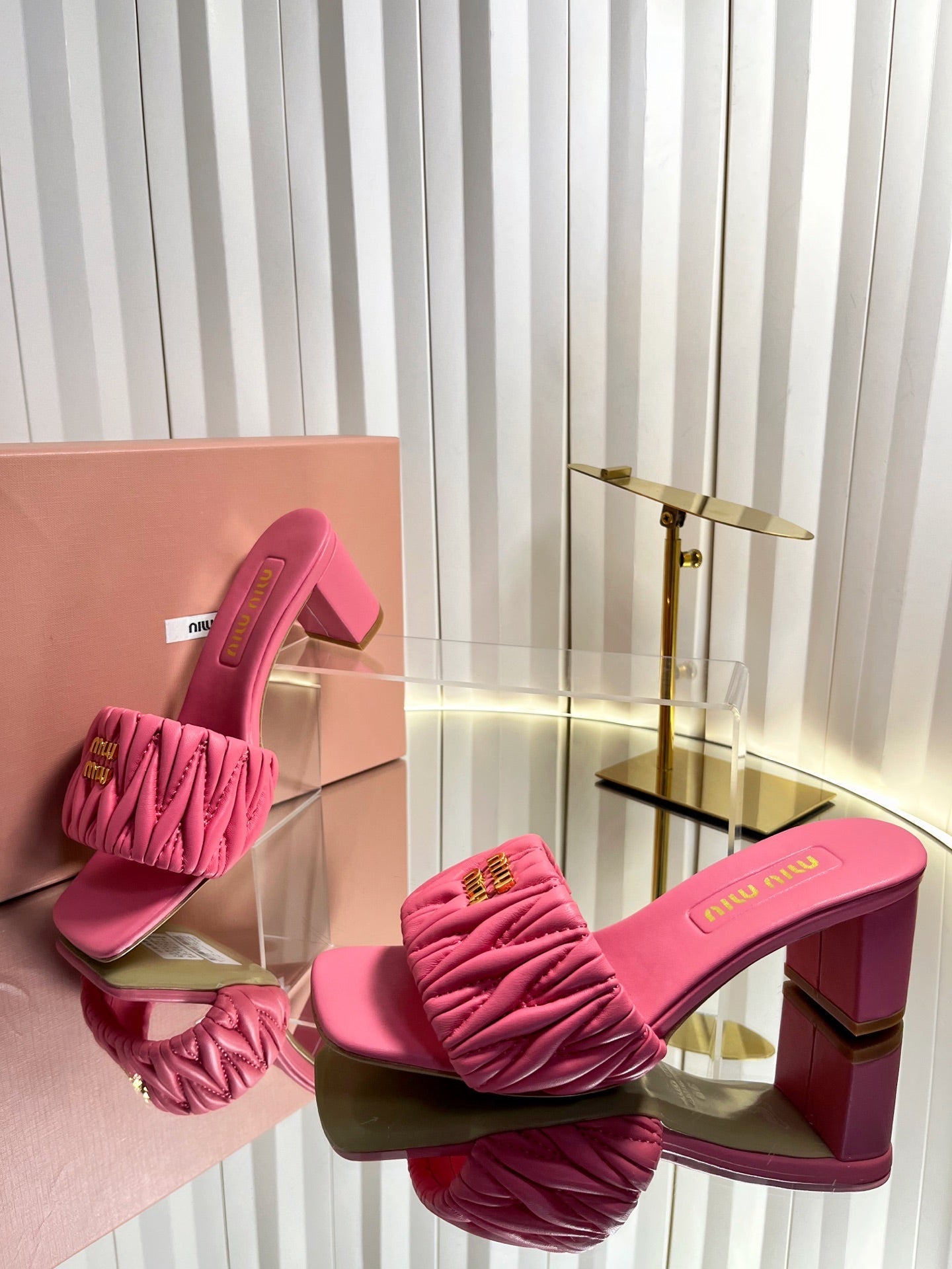 MIUMIU 26S PADDED MATELASSE MULE HEELS 65MM IN PINK CALFSKIN GOLD HARDWARE