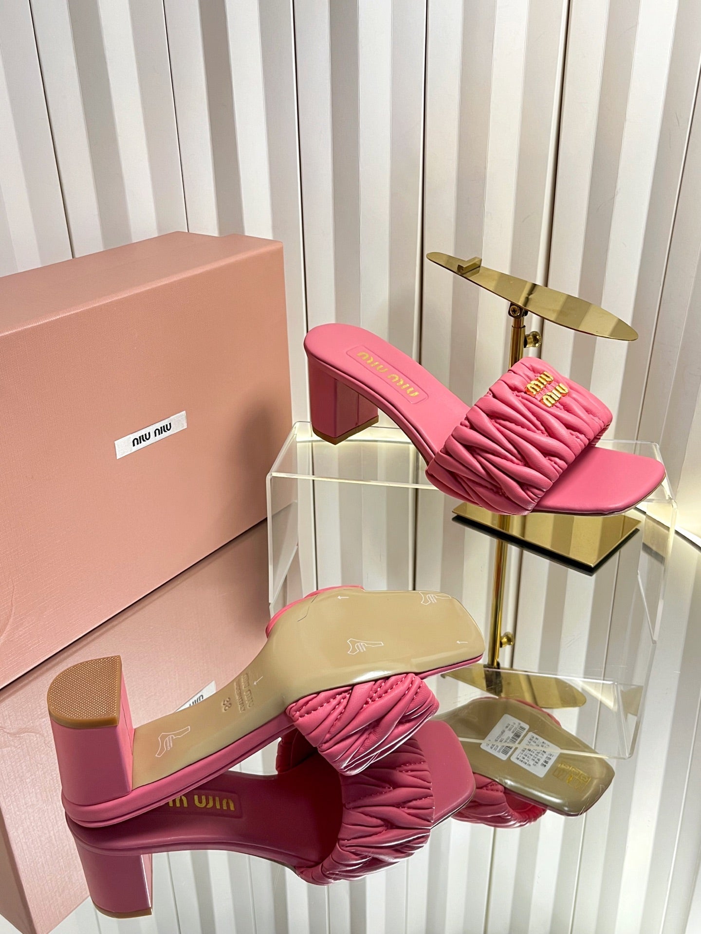 MIUMIU 26S PADDED MATELASSE MULE HEELS 65MM IN PINK CALFSKIN GOLD HARDWARE