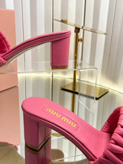 MIUMIU 26S PADDED MATELASSE MULE HEELS 65MM IN PINK CALFSKIN GOLD HARDWARE