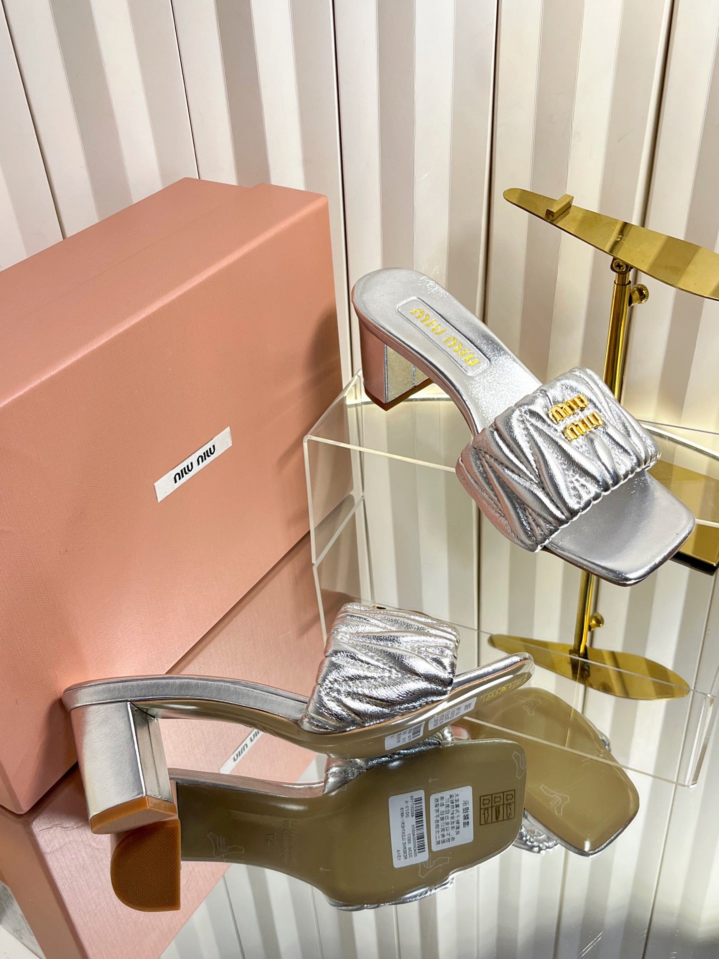 MIUMIU 26S PADDED MATELASSE MULE HEELS 65MM IN SILVER CALFSKIN GOLD HARDWARE