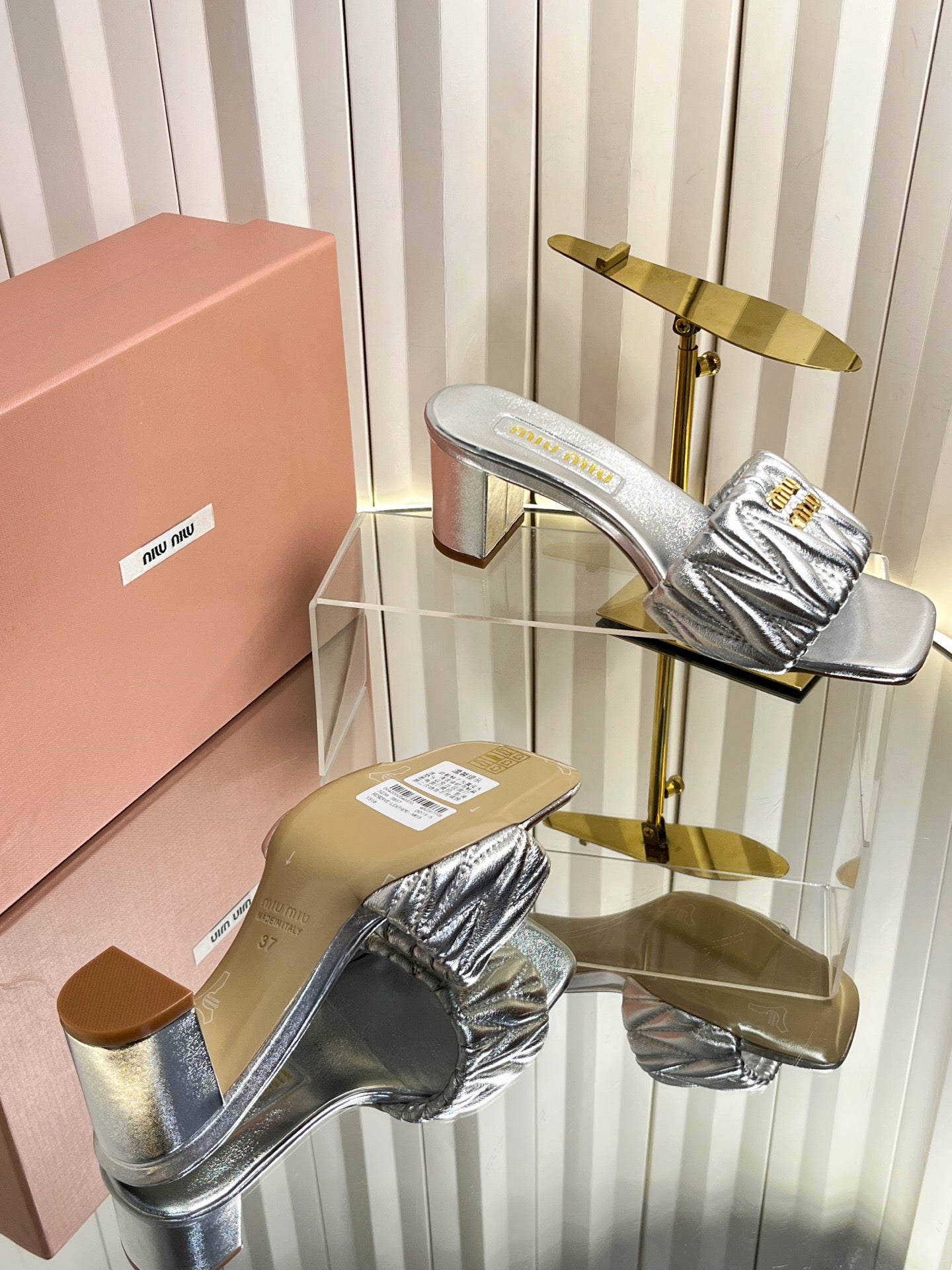 MIUMIU 26S PADDED MATELASSE MULE HEELS 65MM IN SILVER CALFSKIN GOLD HARDWARE