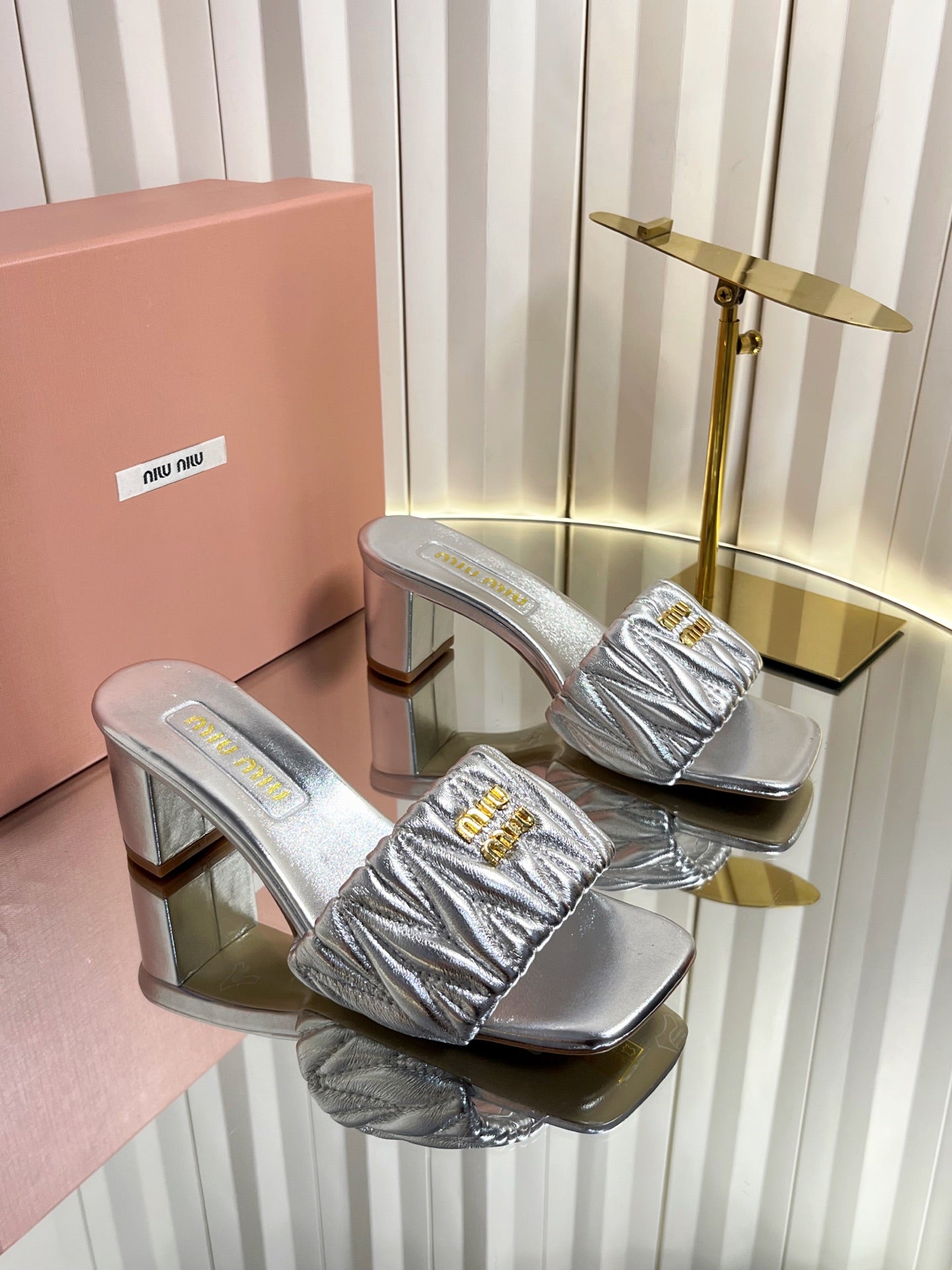 MIUMIU 26S PADDED MATELASSE MULE HEELS 65MM IN SILVER CALFSKIN GOLD HARDWARE