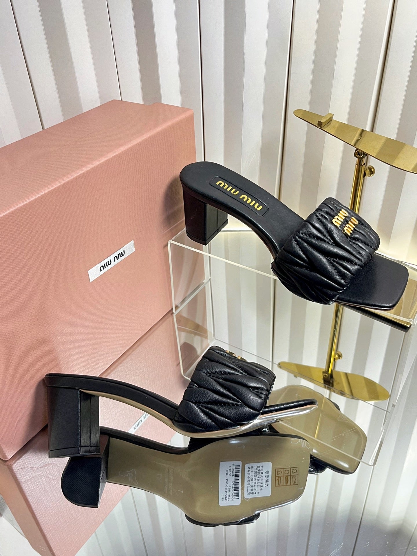 MIUMIU 26S PADDED MATELASSE MULE HEELS 65MM IN BLACK CALFSKIN GOLD HARDWARE